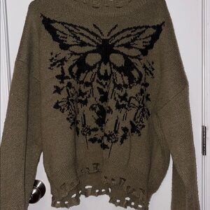 ROMWE Olive Green Sweater with Black Butterfly Design